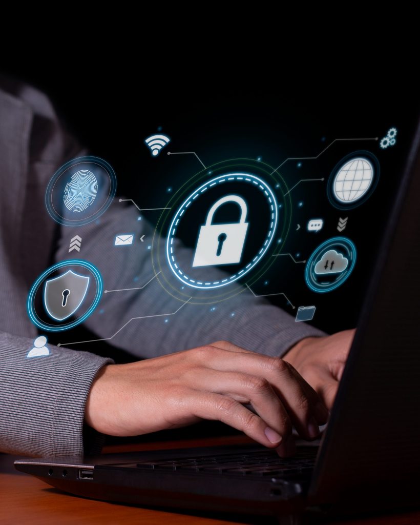 Vertical image of Advanced Cybersecurity: Encryption and Digital Data Protection, Biometric Authentication and Cloud Protection.
